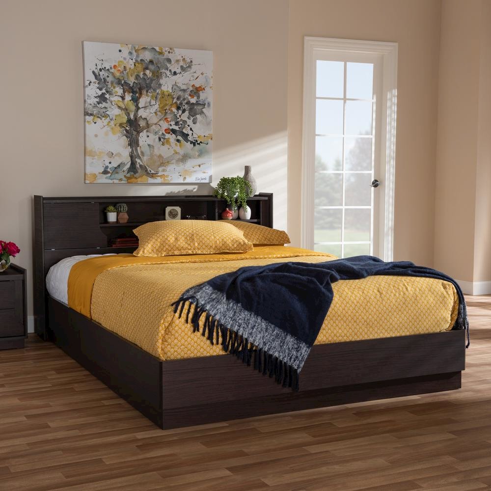 Larsine Modern and Contemporary Brown Finished Queen Size Platform Storage Bed