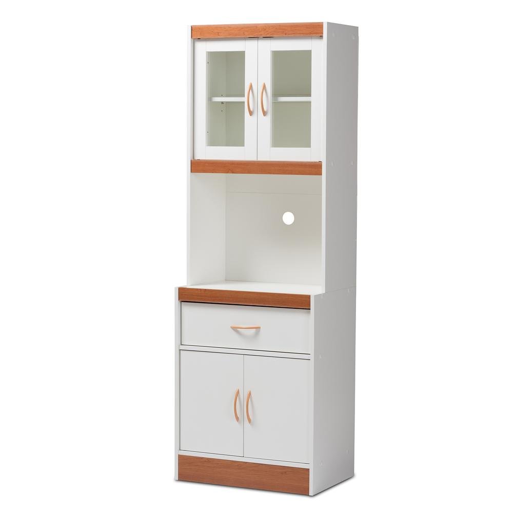 White and Cherry Finished Kitchen Cabinet and Hutch
