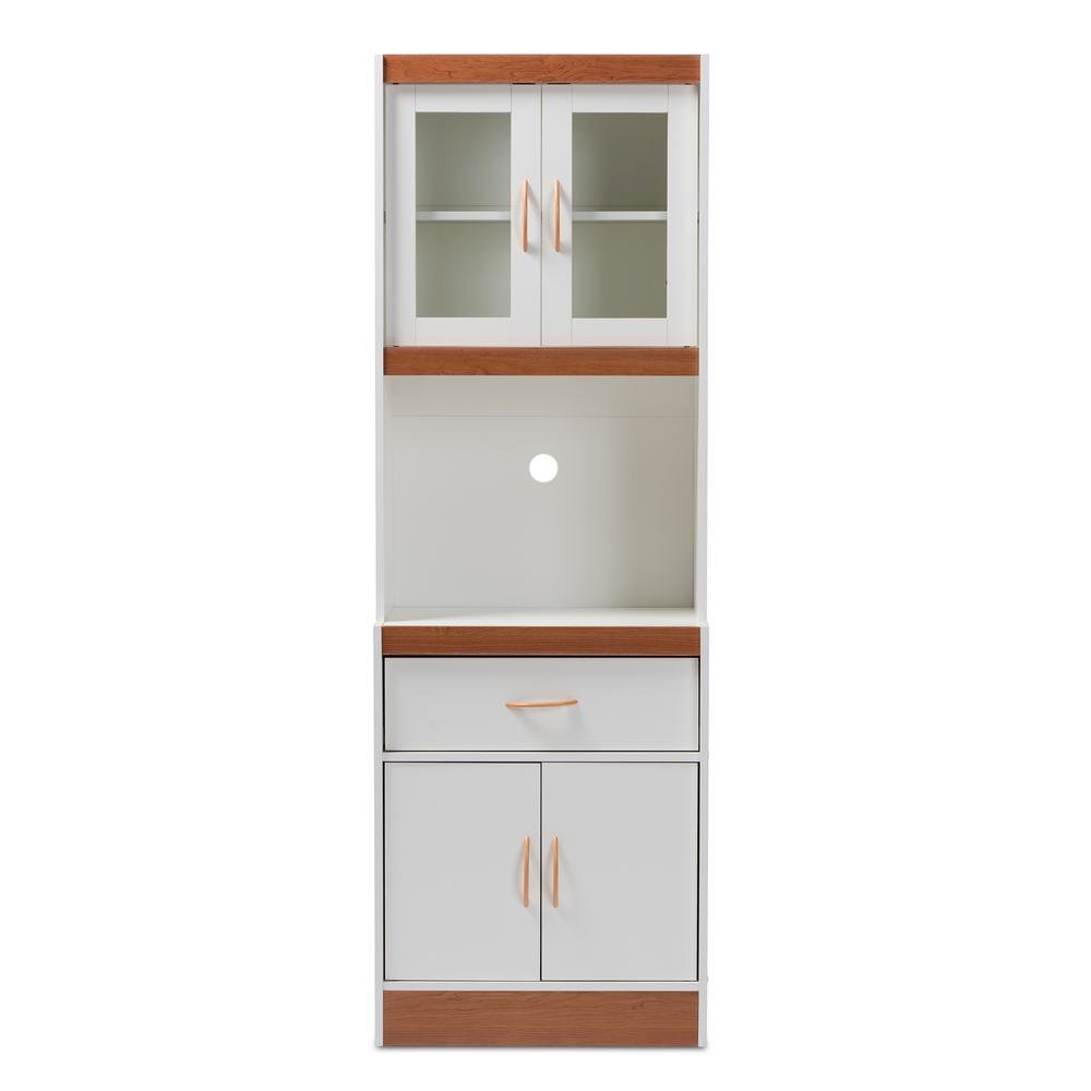 White and Cherry Finished Kitchen Cabinet and Hutch