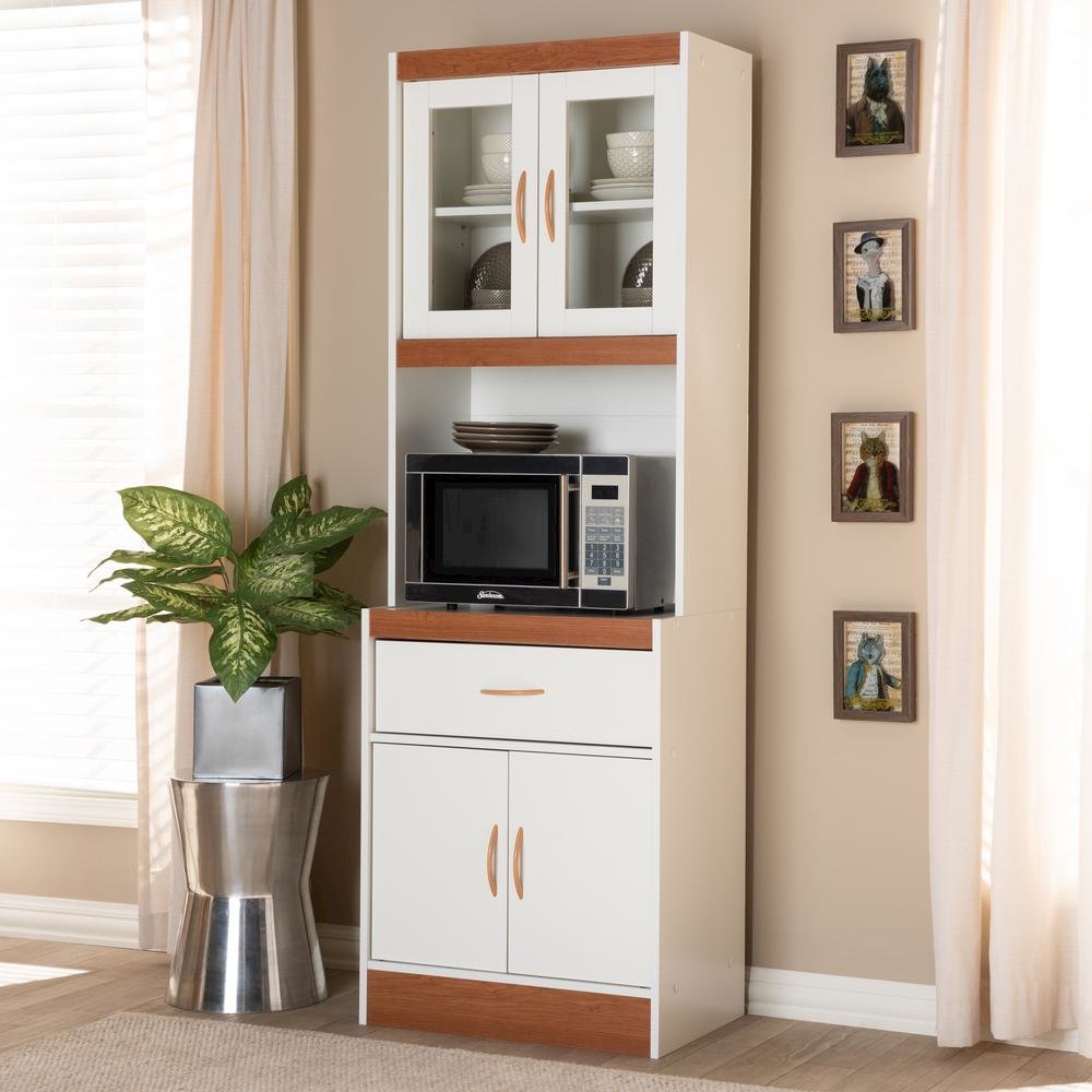 White and Cherry Finished Kitchen Cabinet and Hutch