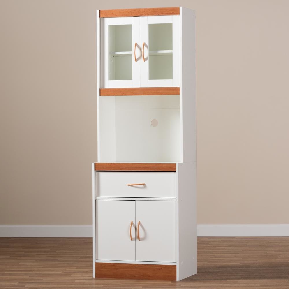 White and Cherry Finished Kitchen Cabinet and Hutch