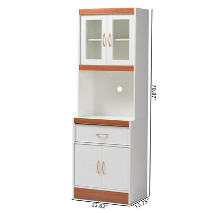 White and Cherry Finished Kitchen Cabinet and Hutch