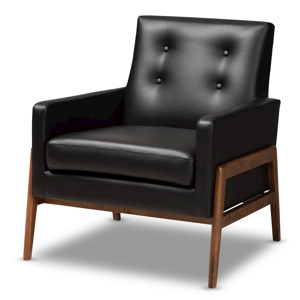 Leather Upholstered Walnut Wood Lounge Chair