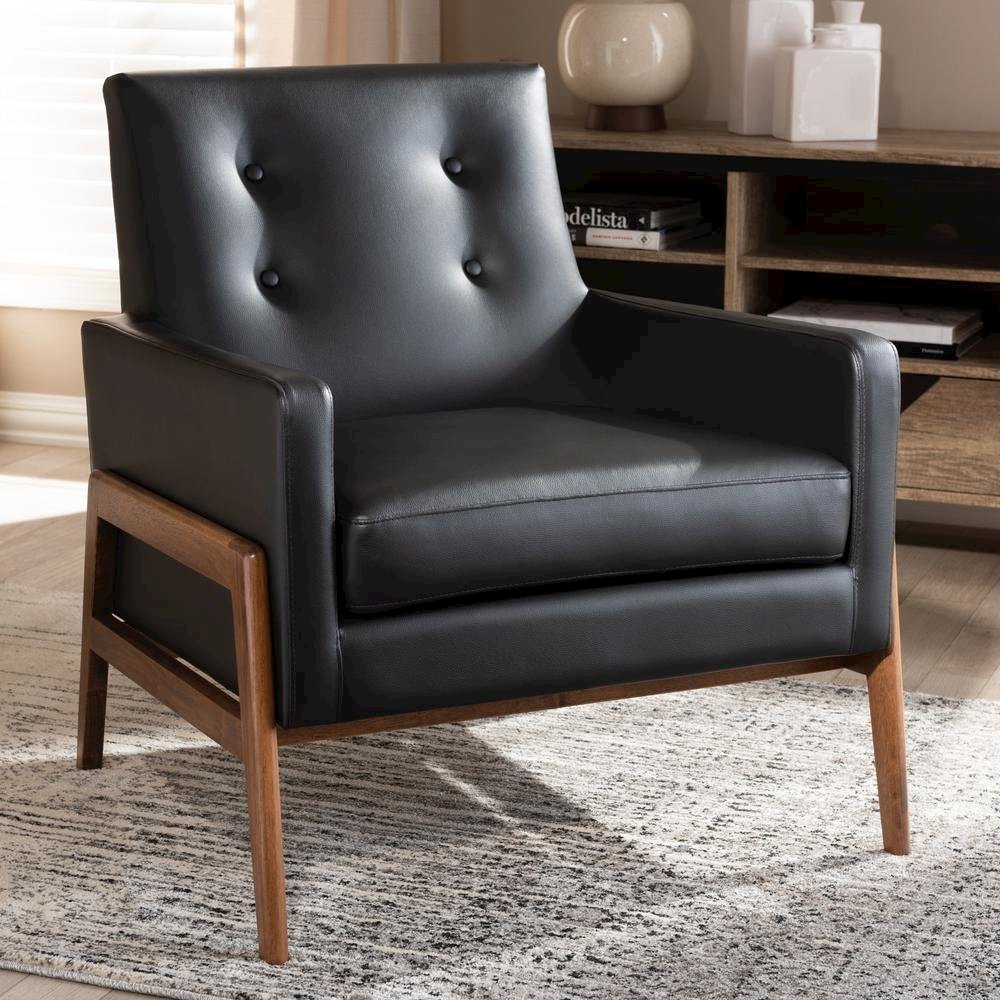 Leather Upholstered Walnut Wood Lounge Chair