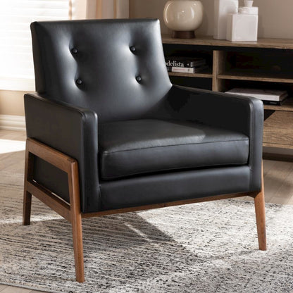 Leather Upholstered Walnut Wood Lounge Chair