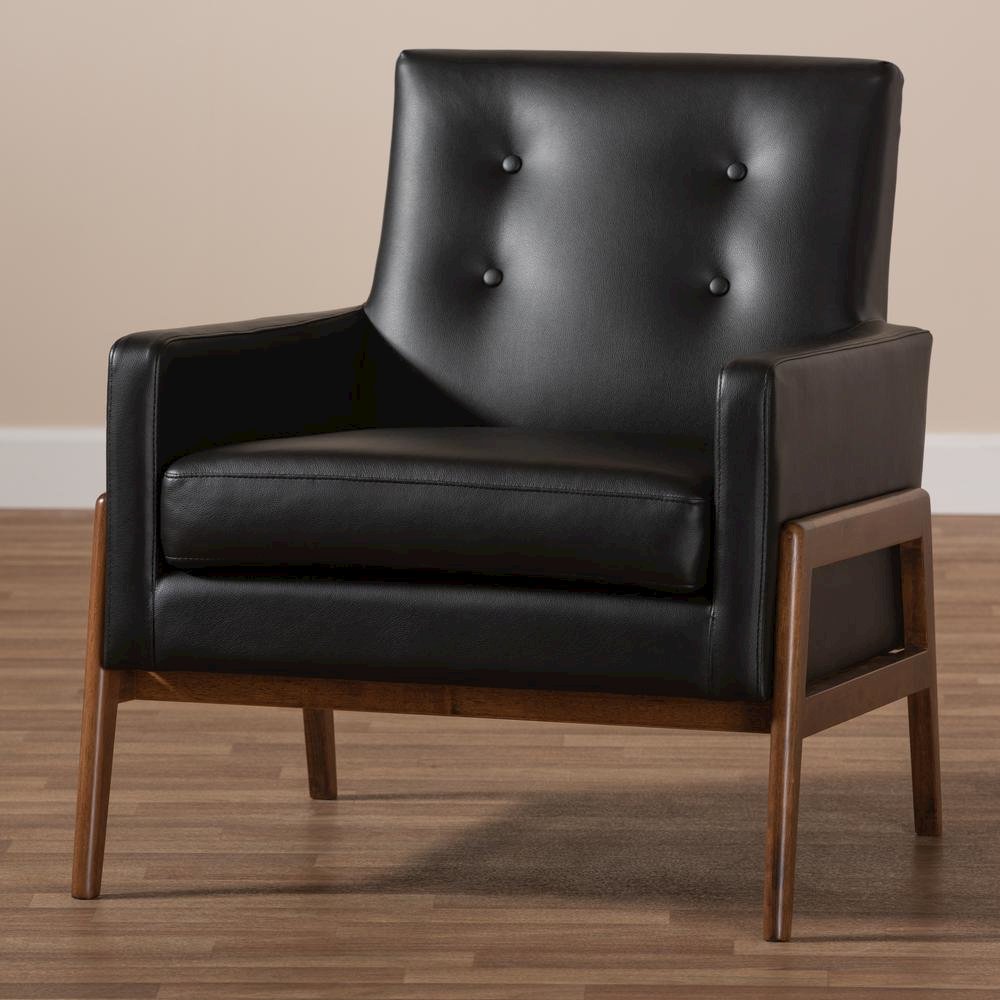 Leather Upholstered Walnut Wood Lounge Chair