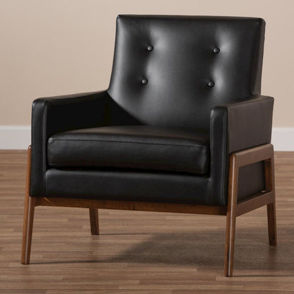 Leather Upholstered Walnut Wood Lounge Chair