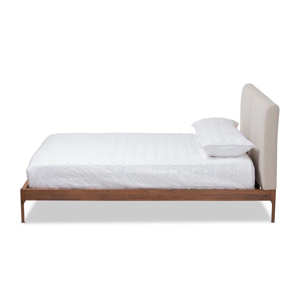 Beige Fabric Upholstered Walnut Finished Full Size Platform Bed