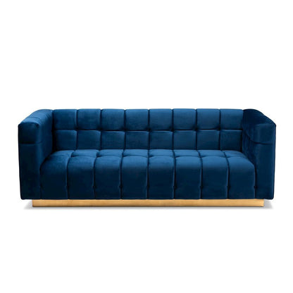 Luxe Navy Blue Velvet Fabric Upholstered Brushed Gold Finished Sofa