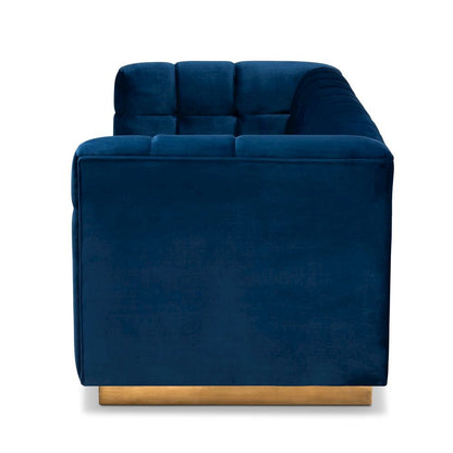 Luxe Navy Blue Velvet Fabric Upholstered Brushed Gold Finished Sofa