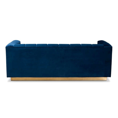 Luxe Navy Blue Velvet Fabric Upholstered Brushed Gold Finished Sofa