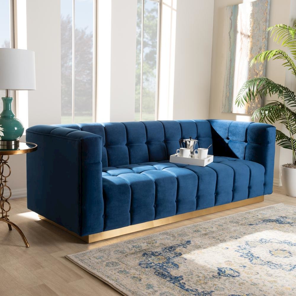 Luxe Navy Blue Velvet Fabric Upholstered Brushed Gold Finished Sofa