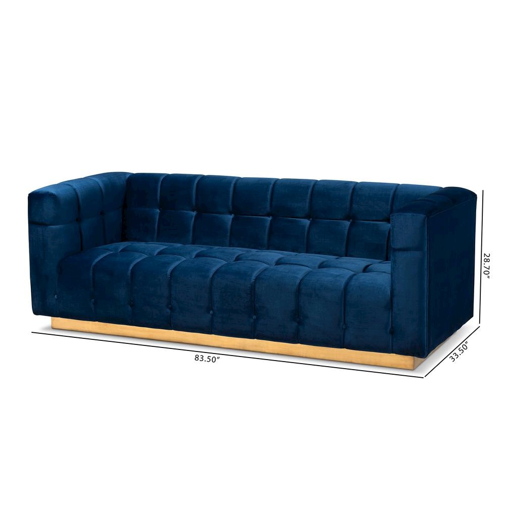 Luxe Navy Blue Velvet Fabric Upholstered Brushed Gold Finished Sofa