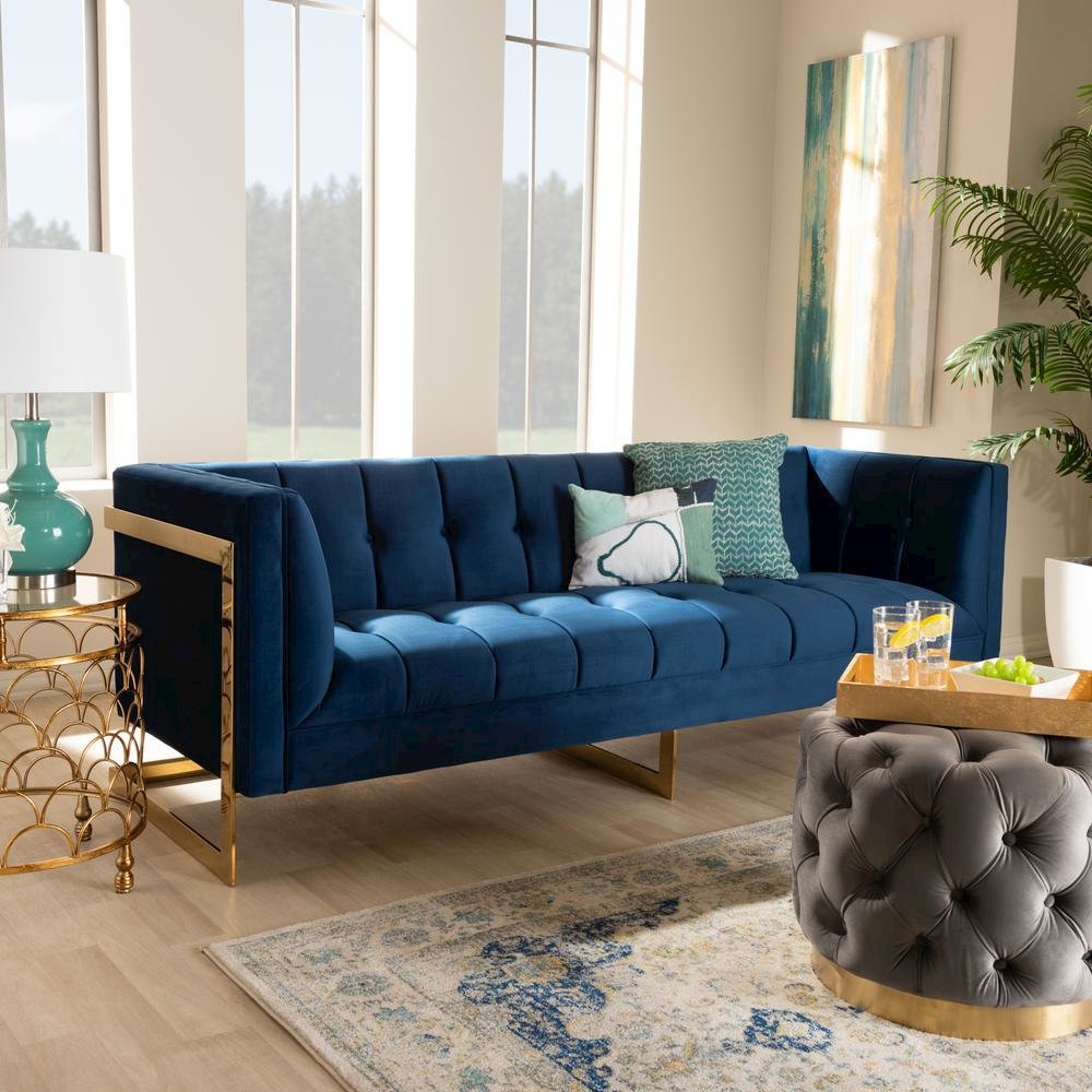 Button Tufted Gold Sofa with Gold-Tone Frame