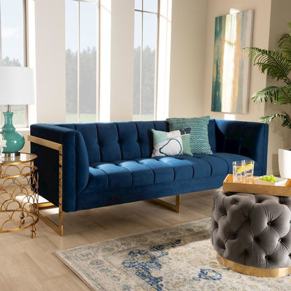 Button Tufted Gold Sofa with Gold-Tone Frame