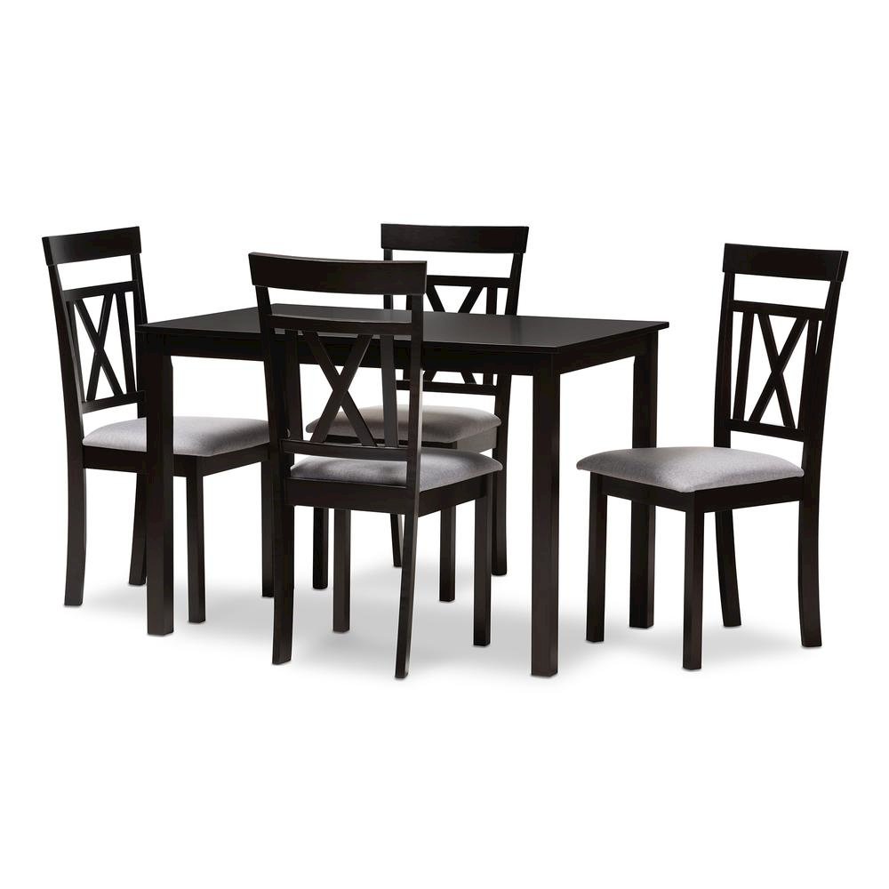 Espresso Brown Finished and Grey Fabric Upholstered 5-Piece Dining Set