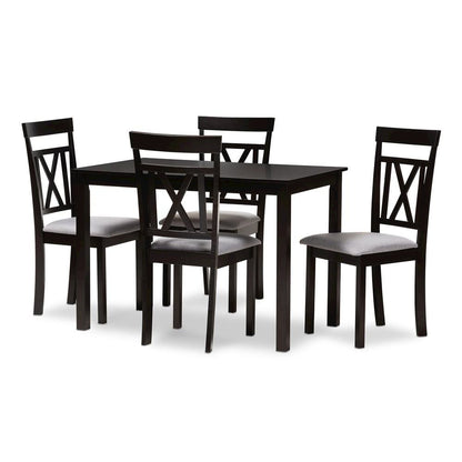 Espresso Brown Finished and Grey Fabric Upholstered 5-Piece Dining Set