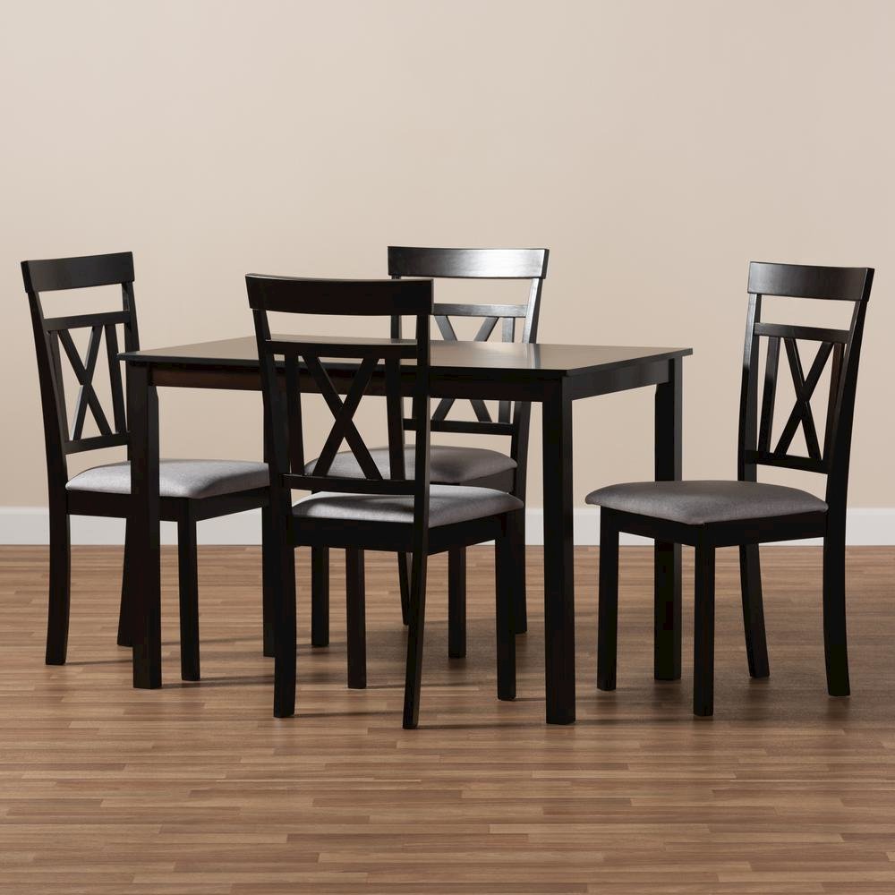 Espresso Brown Finished and Grey Fabric Upholstered 5-Piece Dining Set