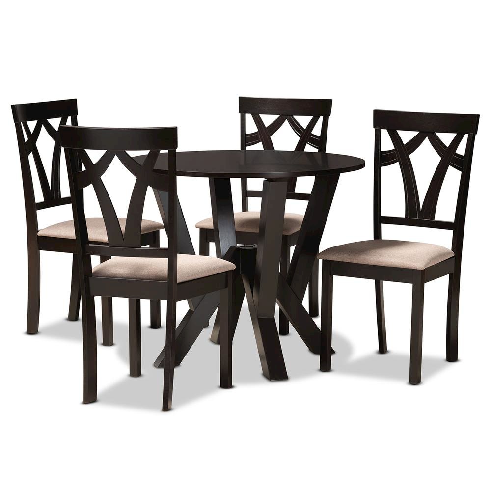 Sand Fabric Upholstered and Dark Brown Finished Wood 5-Piece Dining Set