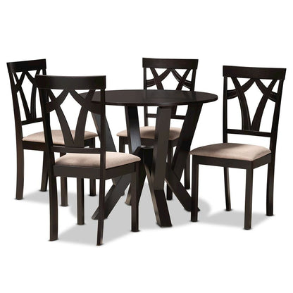 Sand Fabric Upholstered and Dark Brown Finished Wood 5-Piece Dining Set