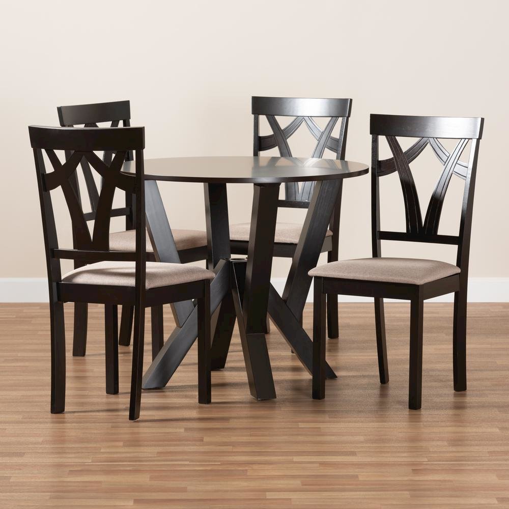 Sand Fabric Upholstered and Dark Brown Finished Wood 5-Piece Dining Set