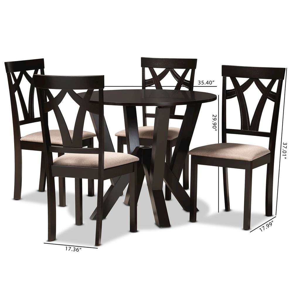 Sand Fabric Upholstered and Dark Brown Finished Wood 5-Piece Dining Set