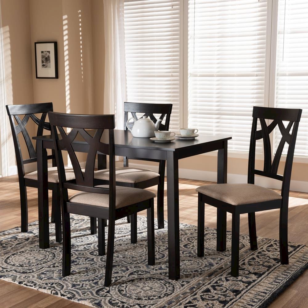 Espresso Brown Finished and Sand Fabric Upholstered 5-Piece Dining Set