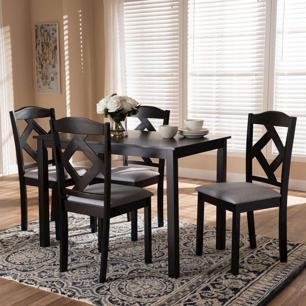 Espresso Brown Finished and Grey Fabric Upholstered 5-Piece Dining Set