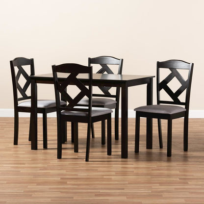 Espresso Brown Finished and Grey Fabric Upholstered 5-Piece Dining Set