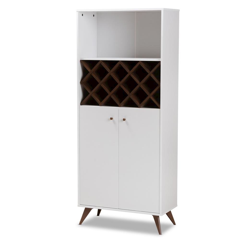 Serafino Mid-Century Modern White and Walnut Finished Wood Wine Cabinet