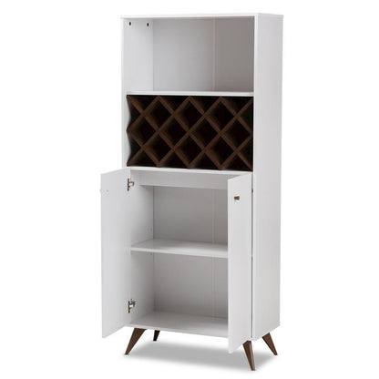 Serafino Mid-Century Modern White and Walnut Finished Wood Wine Cabinet
