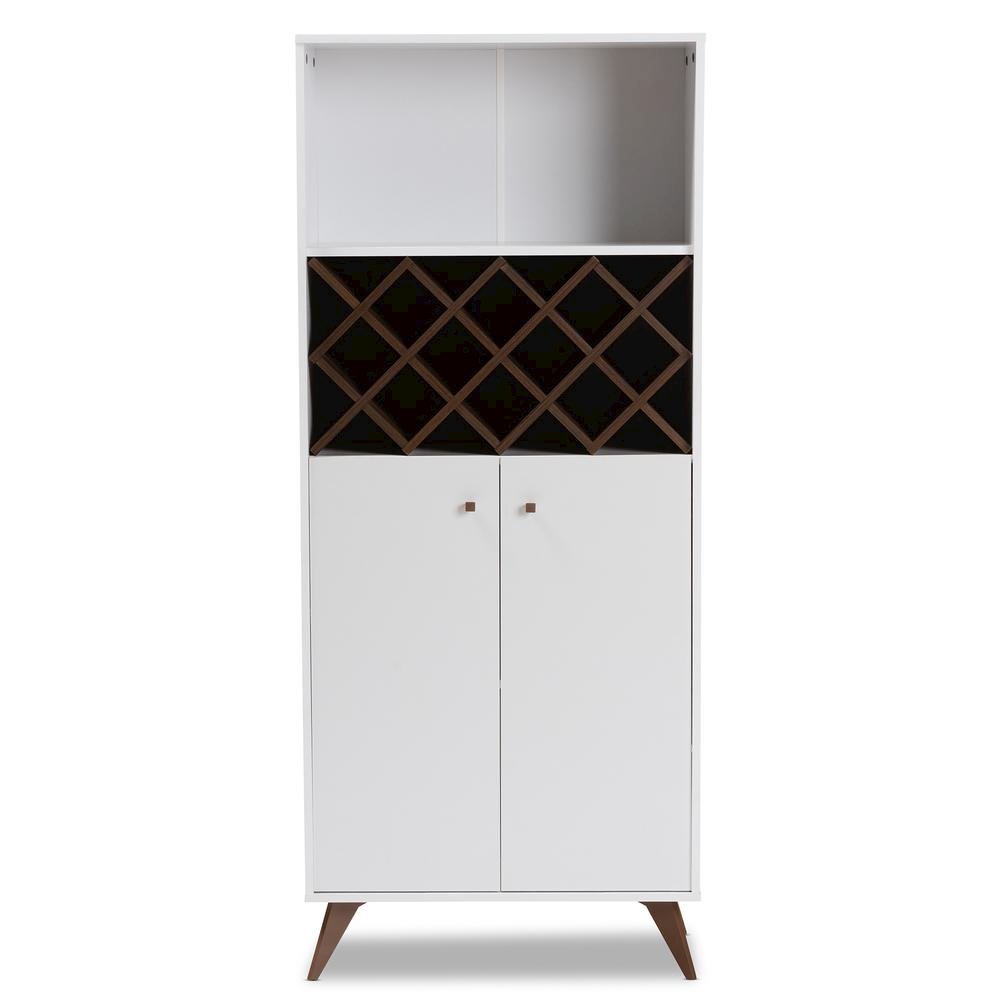 Serafino Mid-Century Modern White and Walnut Finished Wood Wine Cabinet