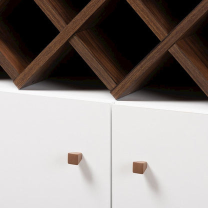 Serafino Mid-Century Modern White and Walnut Finished Wood Wine Cabinet