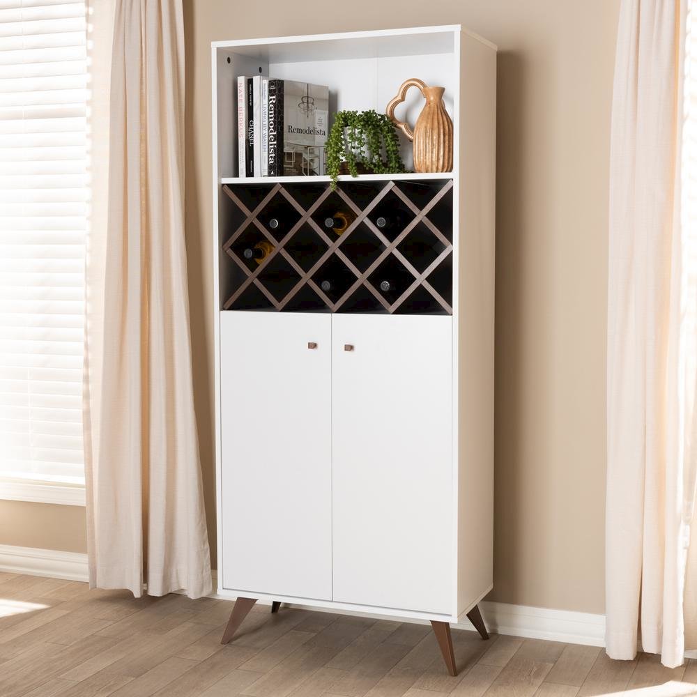 Serafino Mid-Century Modern White and Walnut Finished Wood Wine Cabinet