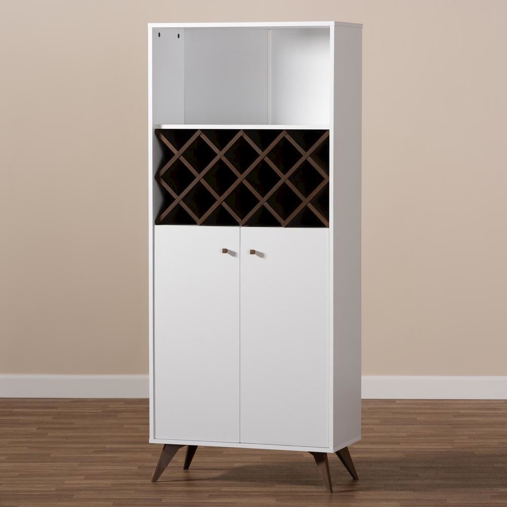 Serafino Mid-Century Modern White and Walnut Finished Wood Wine Cabinet