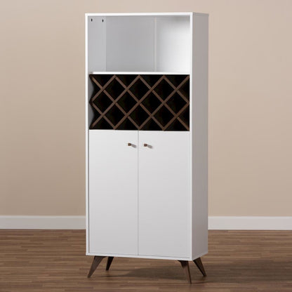 Serafino Mid-Century Modern White and Walnut Finished Wood Wine Cabinet