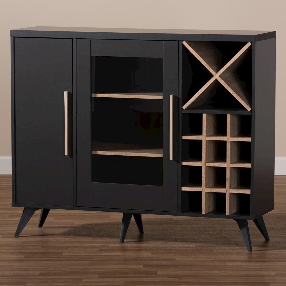 Baxton Studio Pietro Mid-Century Modern Dark Grey and Oak Finished Wine Cabinet