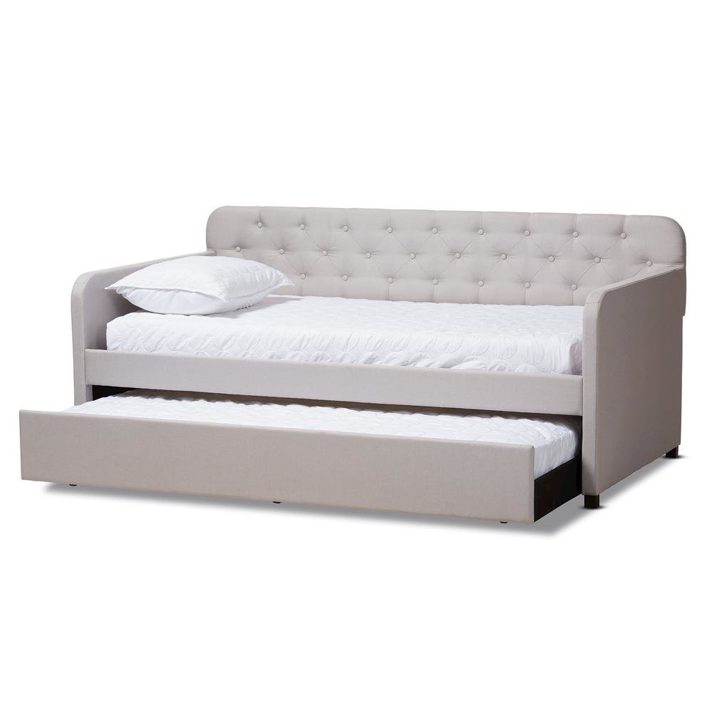 Upholstered Button-Tufted Twin Size Sofa Daybed with Roll-Out Trundle Guest Bed