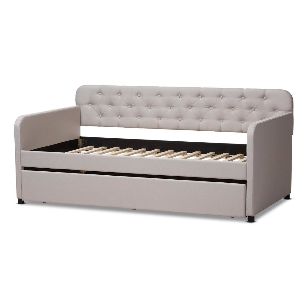Upholstered Button-Tufted Twin Size Sofa Daybed with Roll-Out Trundle Guest Bed
