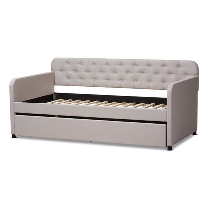 Upholstered Button-Tufted Twin Size Sofa Daybed with Roll-Out Trundle Guest Bed