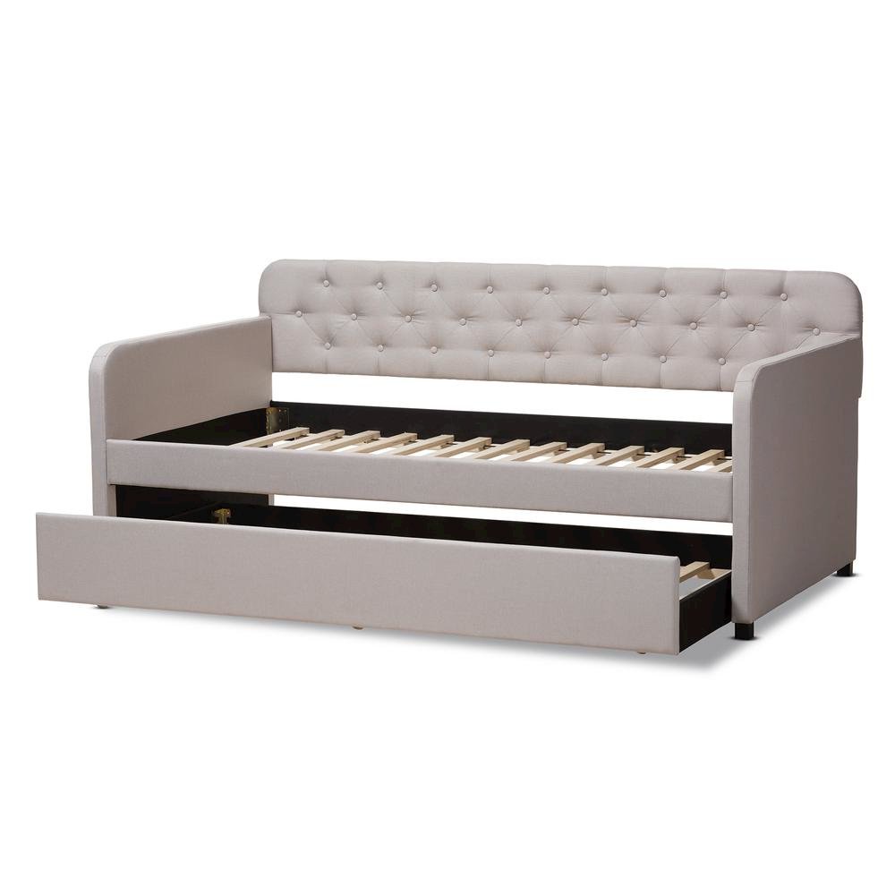 Upholstered Button-Tufted Twin Size Sofa Daybed with Roll-Out Trundle Guest Bed