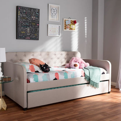 Upholstered Button-Tufted Twin Size Sofa Daybed with Roll-Out Trundle Guest Bed