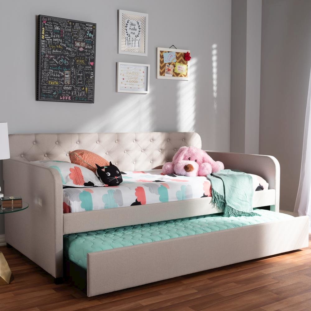 Upholstered Button-Tufted Twin Size Sofa Daybed with Roll-Out Trundle Guest Bed
