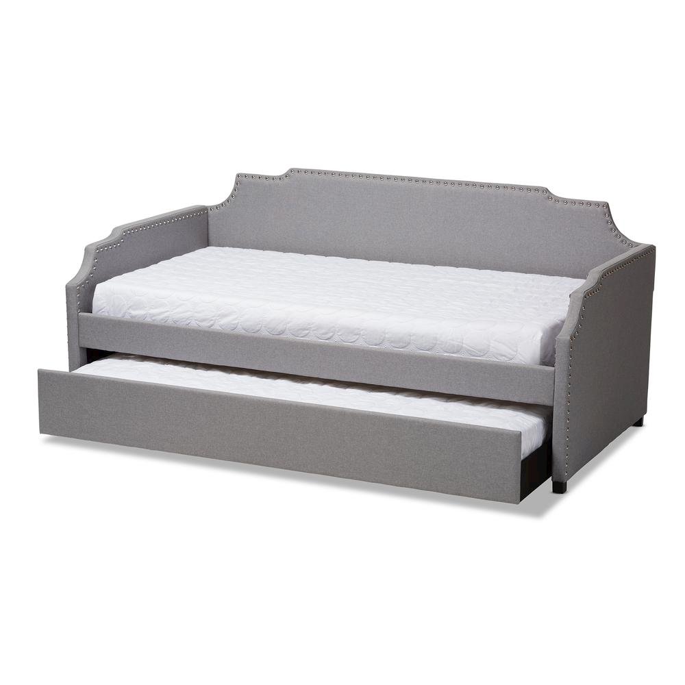 Grey Fabric Upholstered Twin Size Sofa Daybed with Roll Out Trundle Guest Bed