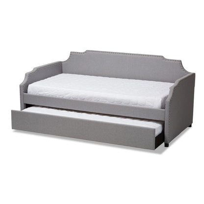 Grey Fabric Upholstered Twin Size Sofa Daybed with Roll Out Trundle Guest Bed