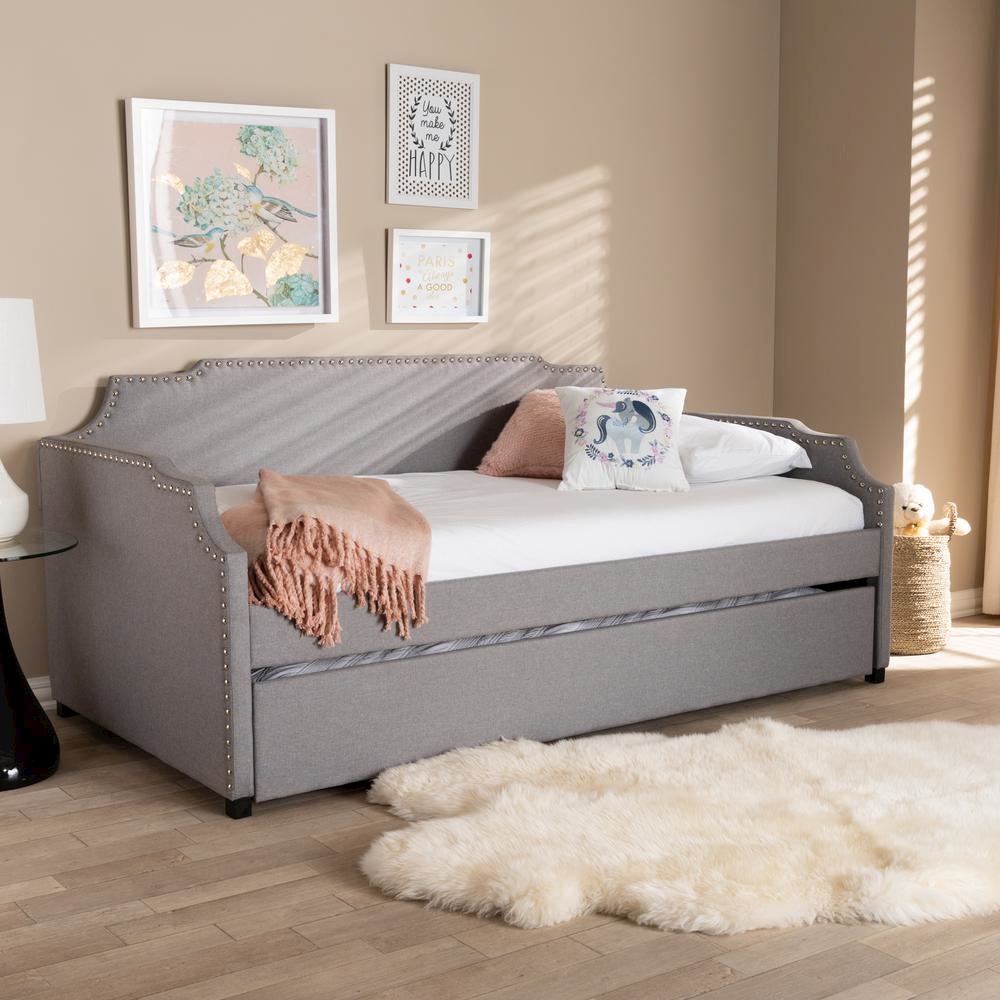 Grey Fabric Upholstered Twin Size Sofa Daybed with Roll Out Trundle Guest Bed