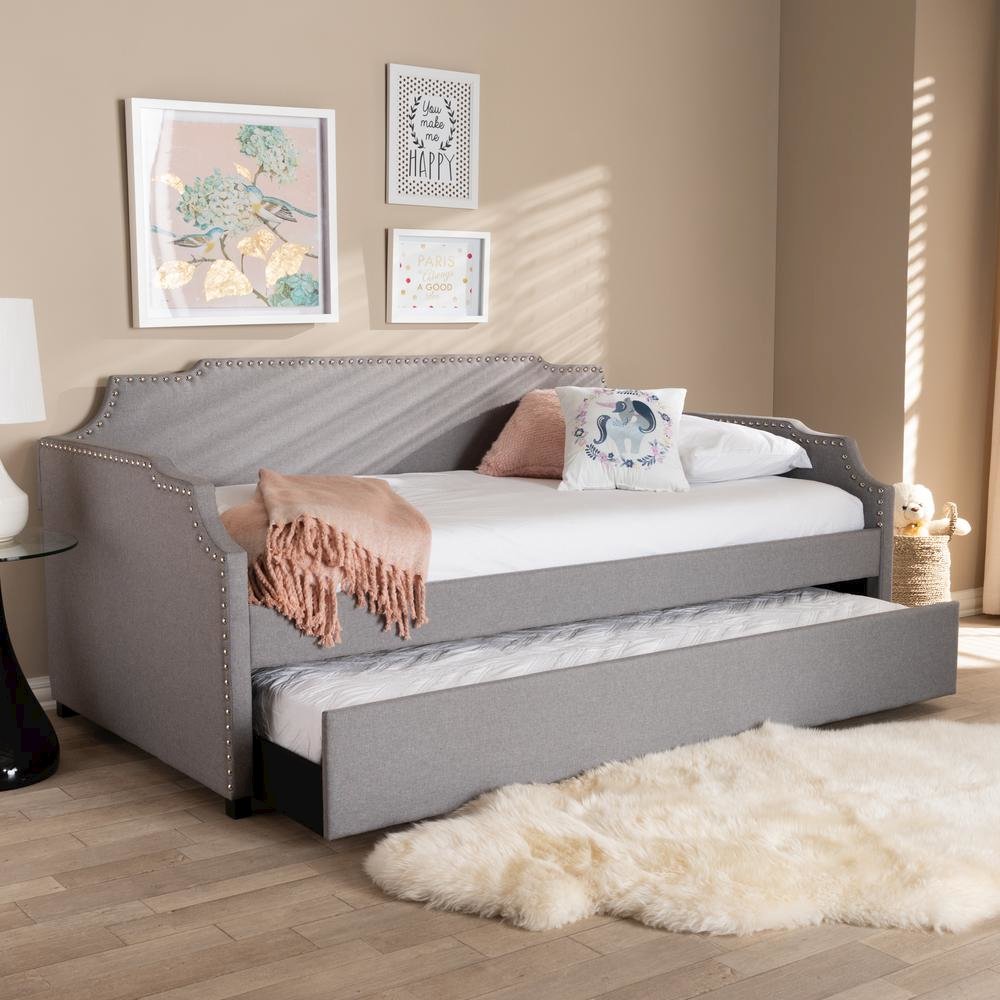 Grey Fabric Upholstered Twin Size Sofa Daybed with Roll Out Trundle Guest Bed