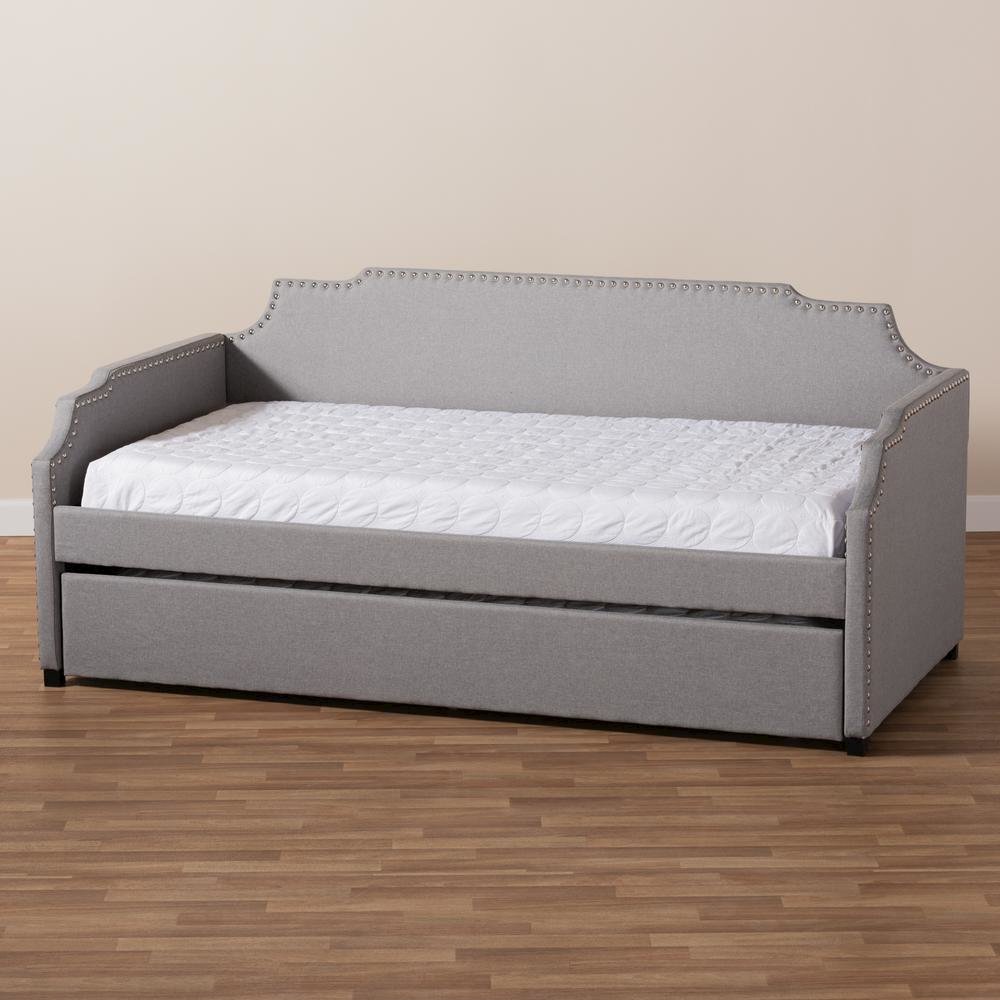 Grey Fabric Upholstered Twin Size Sofa Daybed with Roll Out Trundle Guest Bed