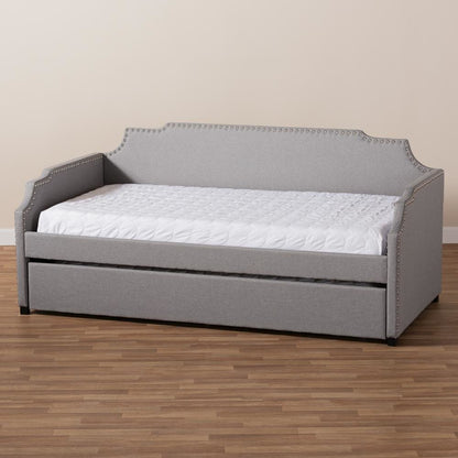 Grey Fabric Upholstered Twin Size Sofa Daybed with Roll Out Trundle Guest Bed