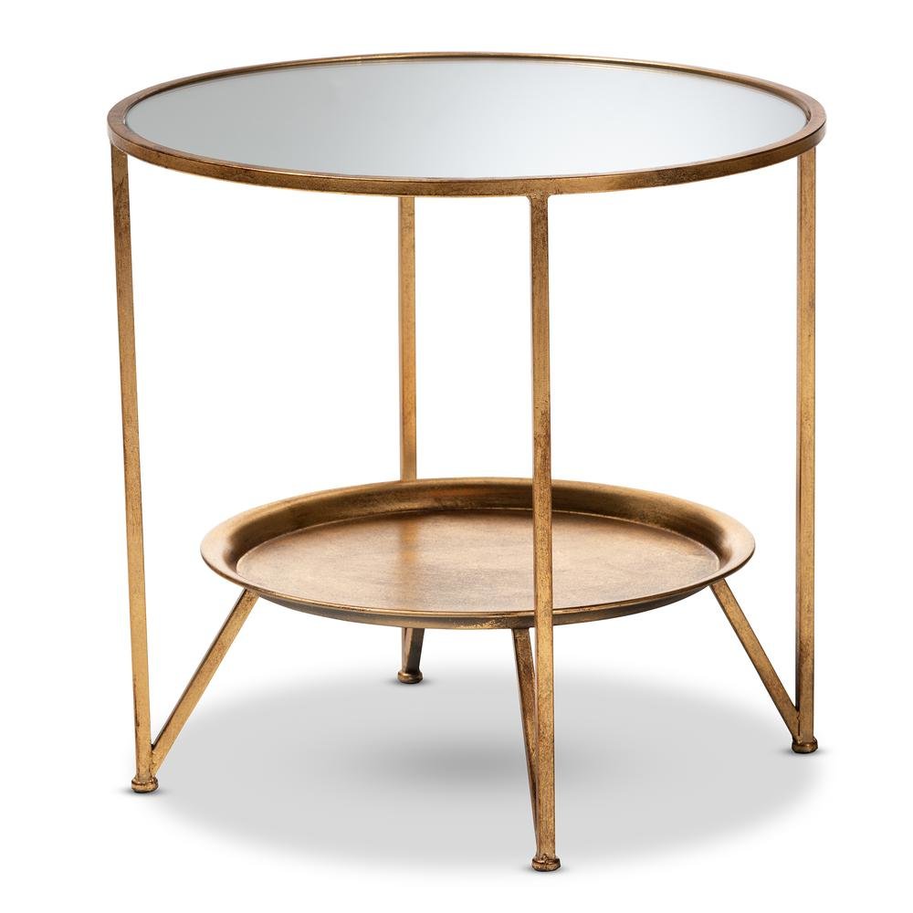 Antique Gold Finished Metal and Mirrored Glass Accent Table with Tray Shelf